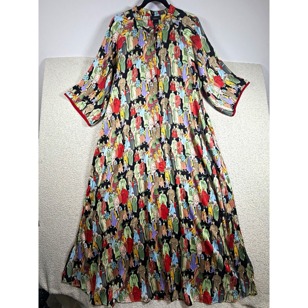 Natori Dynasty Mandarin Zip Caftan Womens XL Asian Print Maxi Lounge Dress